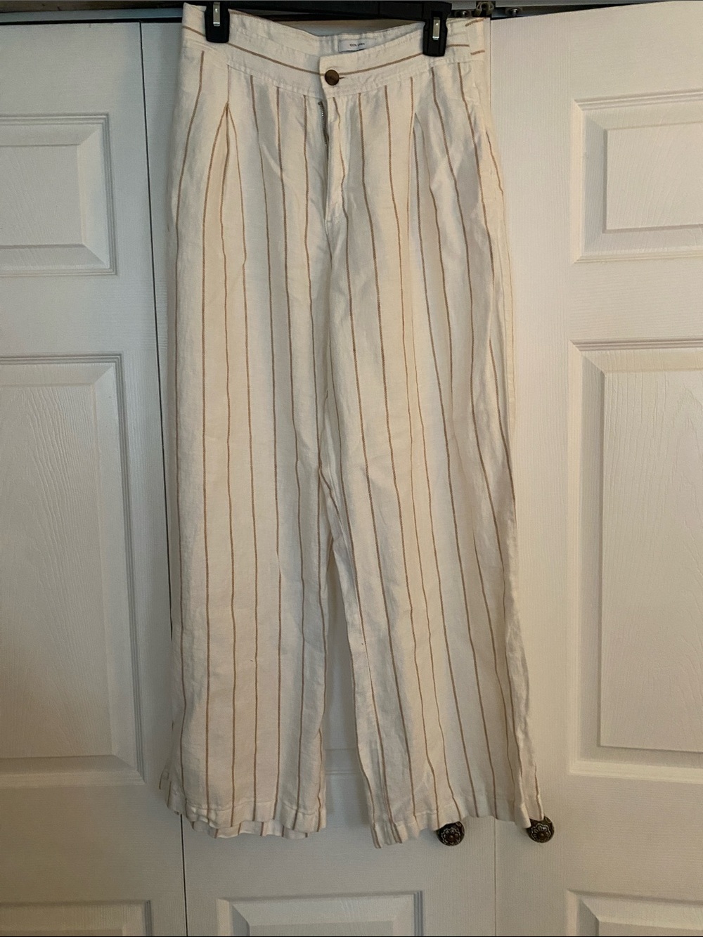 H by Halston Cream Linen-Blend Pinstripe Wide-Leg Chinos